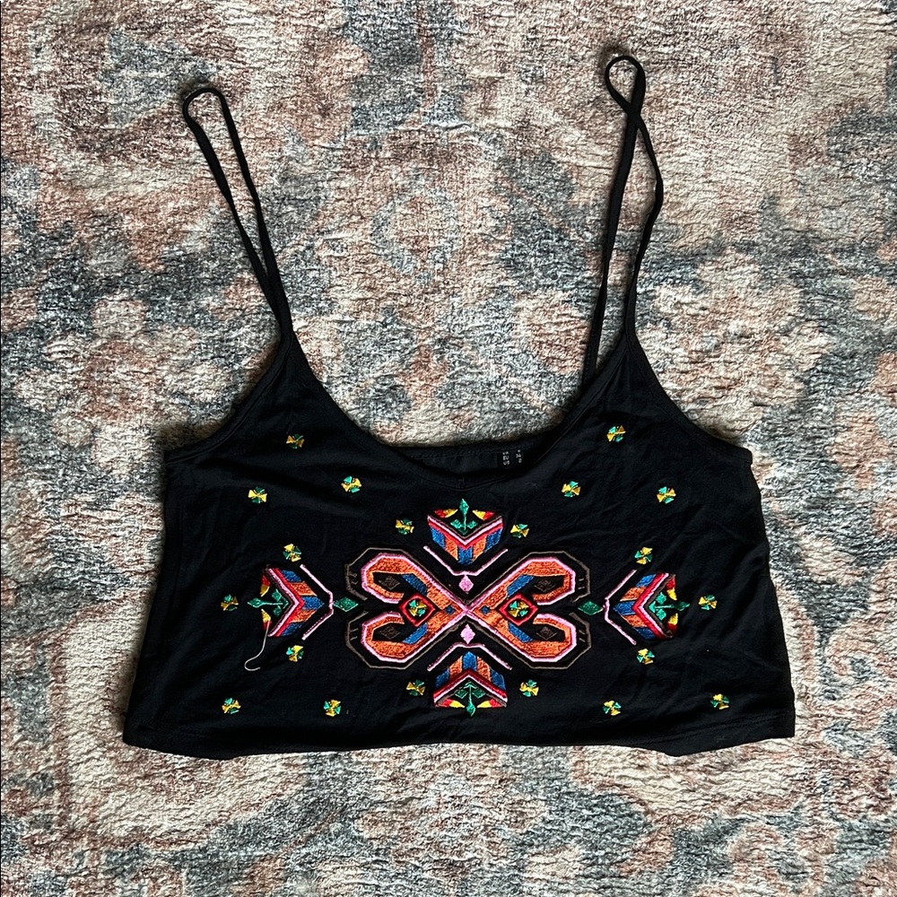 ASOS Black Embroidered Cropped Tank Top with Colorful Geometric Accent